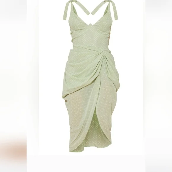 PrettyLittleThing Green White Polka Dot Midi Dress NWT Ladies Size 12 Event - Picture 4 of 8